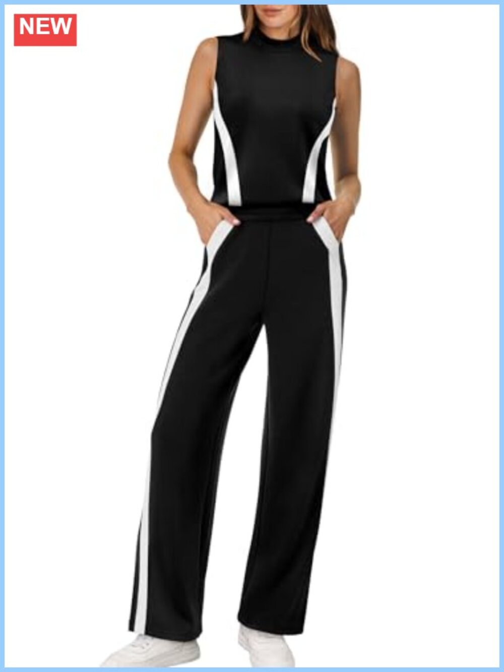 Two Piece Set Mock Neck Sleeveless Top Wide Leg Pants Lounge Travel